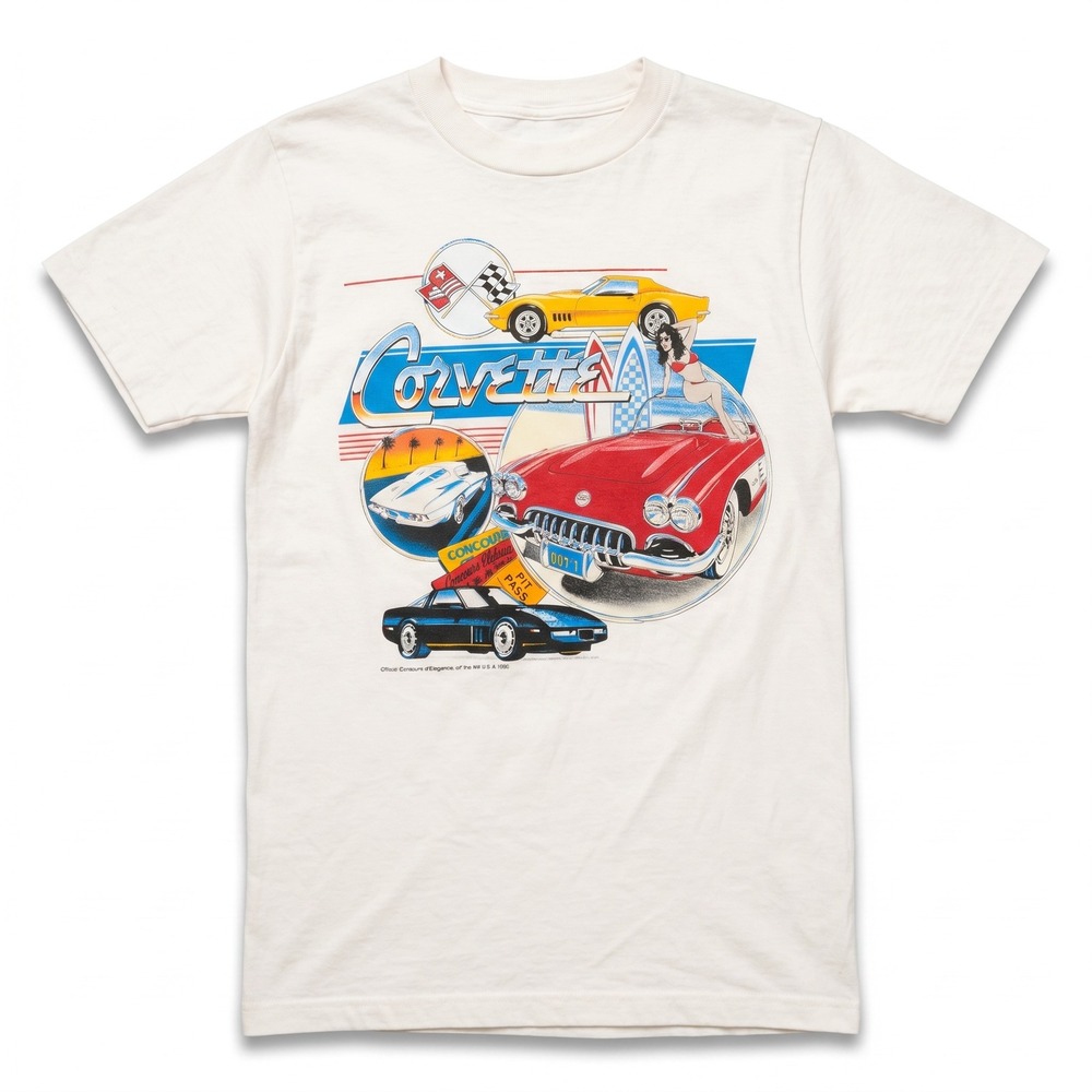 Alore Corvette T-Shirt Mens‎ M Cream 1985 Single Stitch Graphic USA Made